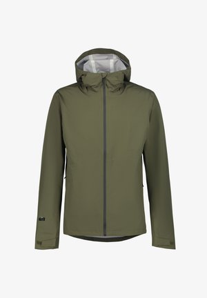 Groene waterdichte jas met capuchon, ritssluiting aan de voorkant en verstelbare polsbandjes, afgebeeld tegen een witte achtergrond.