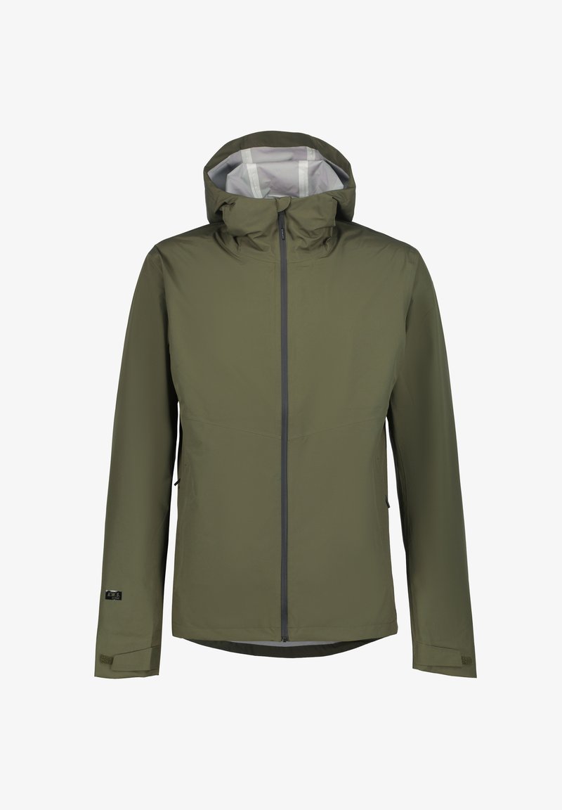 Grüne wasserdichte Jacke mit Kapuze, Frontreißverschluss und verstellbaren Handgelenkriemen, dargestellt vor weißem Hintergrund.