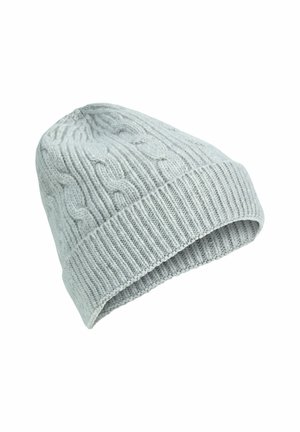 Knit gray beanie with ribbed cuff and cable pattern; made from soft, textured yarn; mid-length design suitable for various head sizes.