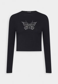 Černá dlouhá rukávová zkrácená košile s žebrovaným výstřihem, zdobená stříbrným designem motýla z kamínků na přední straně. Vyrobena z měkké tkaniny.