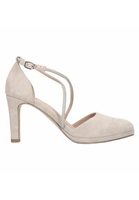 Beige suède hoge hakken met een gesloten punt, voorzien van gekruiste enkelbandjes en een slanke hak, ontworpen voor een stevige pasvorm.