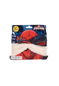 Spider-Man themed giftmasker, met een blauw en rood ontwerp en een zachte beige nep-bont rand. Wordt geleverd in verpakking met Spider-Man graphics.