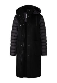 Sort lang frakke med quiltede puffer-ærmer, knapper foran med trykknapper, store lommer og en fast hætte med snore.