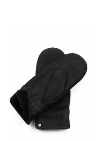 Schwarze Lederhandschuhe mit weicher Innenfütterung. Verfügen über ein schlichtes Design mit genähten Kanten und einem kleinen metallischen Akzent.