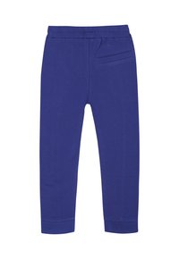Blauwe katoenen joggingsbroek met een elastische tailleband, manchetten aan de onderkant en een achterzak. Glad textuur met minimale details.