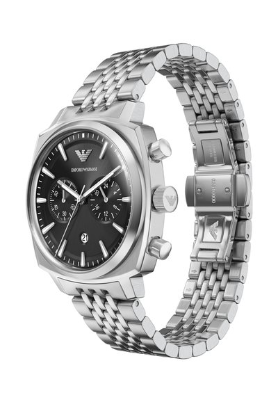 Silberne Armbanduhr von Emporio Armani aus Edelstahl mit schwarzem Zifferblatt, Chronographen-Unterzifferblättern, Datumsfenster und Metallgliederarmband mit Verschluss.