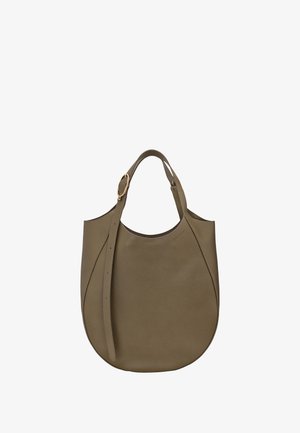 Brown leather tote bag with rounded bottom, adjustable strap, and gold-tone buckle detail, set against a white background.