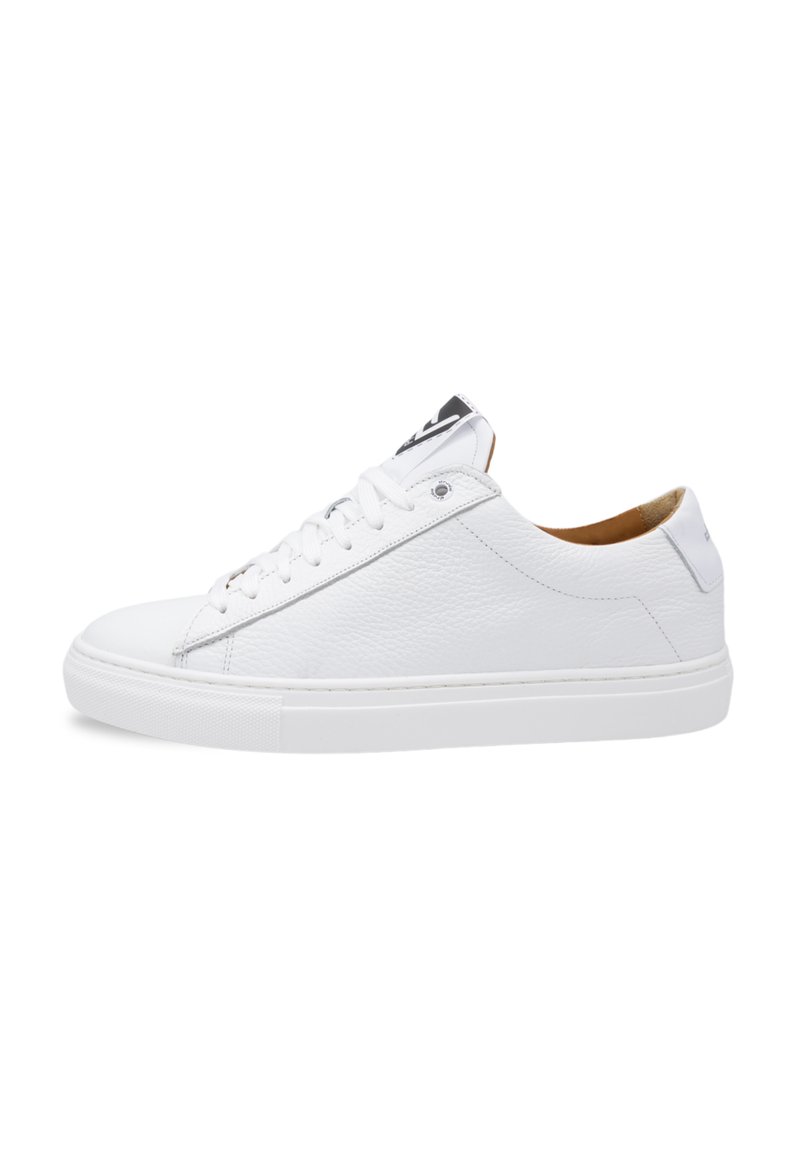 White leather sneakers with a textured finish, soft inner lining, round toe, lace-up design, and a contrasting logo on the tongue.