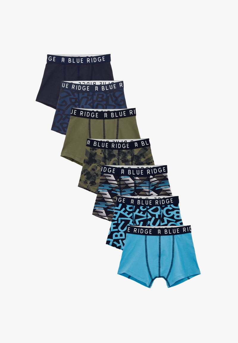 Sju par kalsonger i olika färger: marinblå, blå, olivgrön och mönstrade designer. Har marinblå elastiska midjeband med "BLUE RIDGE"-logotyp.