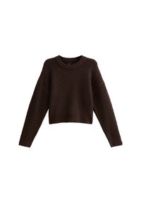 Maglione corto marrone, materiale testurizzato, scollatura rotonda, spalle basse e maniche lunghe. Design semplice senza motivi o accenti particolari.