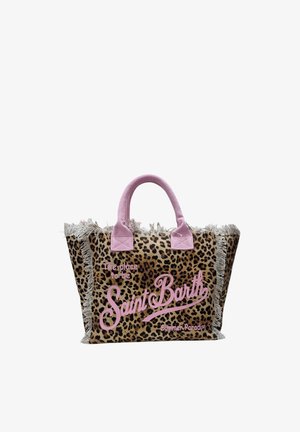 Shopper met luipaardprint, roze handvatten en roze tekst met de tekst "The place to be Saint Barth Summer Paradise", franjes aan de randen.