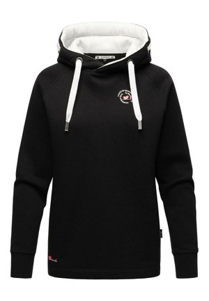 Black hoodie with white interior lining features a drawstring hood, embroidered logo, and ribbed cuffs. Soft fabric and relaxed fit.