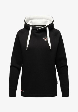 Svart hettegenser med hvit innvending har snøring, brodert logo og ribbestrikkede mansjetter. Mykt stoff og avslappet passform.