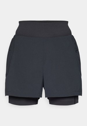 Black athletic shorts with a wide waistband, featuring a layered design and inner shorts. Smooth texture and lightweight fabric.