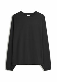 T-shirt noir à manches longues, coupe décontractée avec des poignets côtelés, présenté sur un fond blanc.