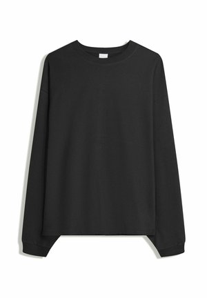 Czarna longsleeve z okrągłym dekoltem, o luźnym kroju i prążkowanych mankietach, wyeksponowana na białym tle.
