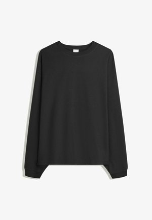 Czarna longsleeve z okrągłym dekoltem, o luźnym kroju i prążkowanych mankietach, wyeksponowana na białym tle.