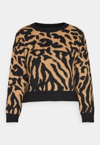Brauner und schwarzer Strickpullover mit kräftigem abstraktem Tiermuster, Rundhalsausschnitt, langen Ärmeln sowie gerippten Bündchen und Saum.