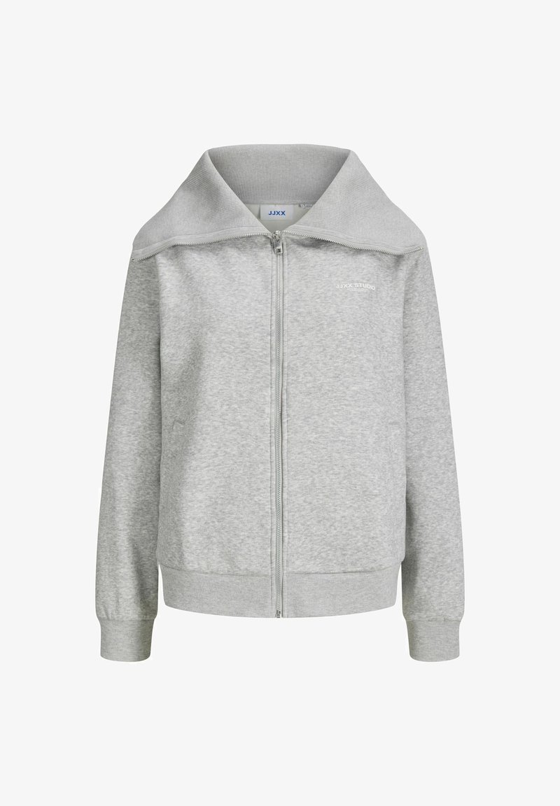 Pelēks rāvējslēdzēja hoody, kas izgatavots no mīksta auduma. Tam ir plaša apkakle, ribota piedurkņu un apakšmalas daļa, un uz kreisā krūšu laukuma ir neliels logotips.