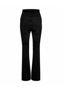 Jean de maternité noir taille haute avec panneau extensible, poches arrière et jambes évasées, vu de dos sur fond blanc.