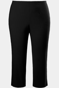 Pantaloni neri realizzati in un morbido tessuto, con taglio dritto, vita a media altezza e leggere fessure laterali all'orlo per facilitare i movimenti.