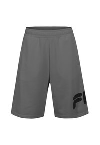 Pantalones cortos deportivos grises hechos de un tejido ligero, con una cinturilla elástica y un logo negro prominente en el lado izquierdo.