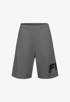 Grijze sportshorts van lichtgewicht stof, met een elastische tailleband en een opvallend zwart logo aan de linkerkant.