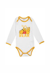 Body per neonato a maniche lunghe bianco con bordi gialli, con un orsetto cartone e la scritta "little BEAR" in arancione e giallo.