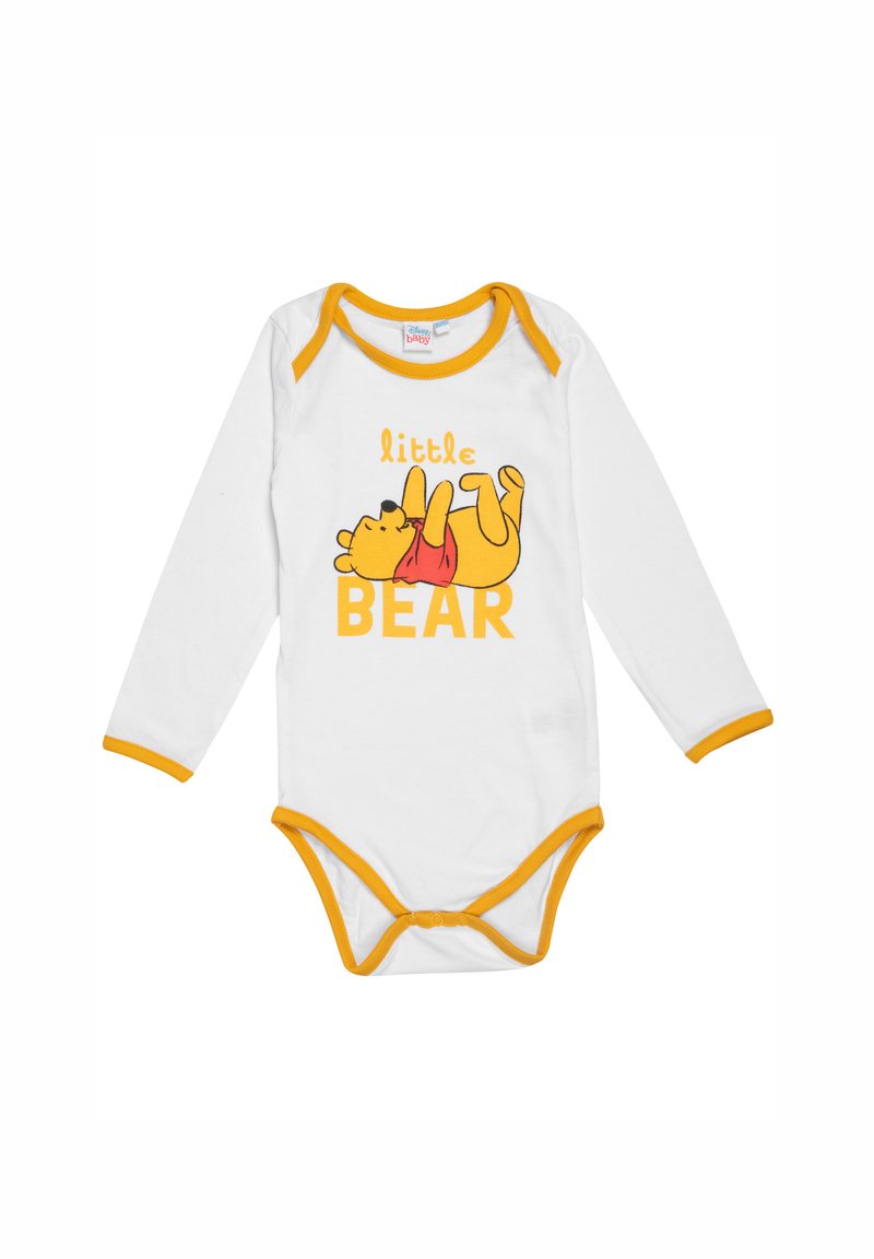 Body per neonato a maniche lunghe bianco con bordi gialli, con un orsetto cartone e la scritta "little BEAR" in arancione e giallo.