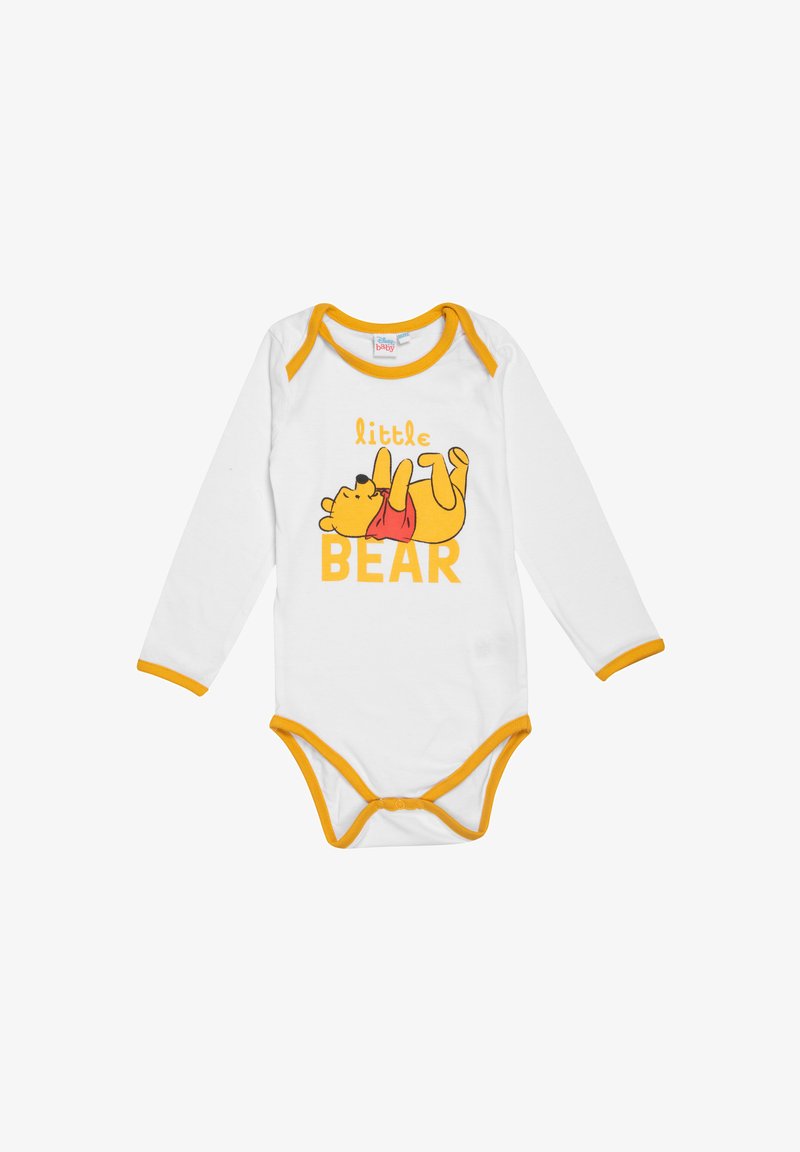 Body per neonato a maniche lunghe bianco con bordi gialli, con un orsetto cartone e la scritta "little BEAR" in arancione e giallo.
