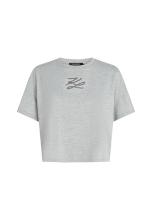 Gray cropped T-shirt made of soft fabric. Features a round neckline and short sleeves with a subtle embroidered logo on the chest.