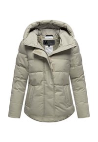 Lichtbeige gewatteerde winterjas met capuchon, voorzak met rits en zijzakken, ontworpen voor koud weer.