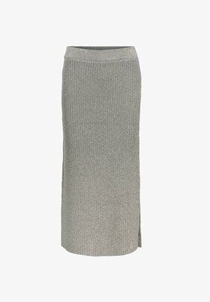 Gonna a maglia al ginocchio grigia con texture a coste. Caratterizzata da una vita ampia e uno spacco laterale per facilitare i movimenti.