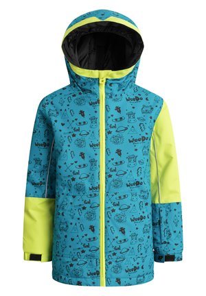 Giacca blu brillante in materiale impermeabile, con una stampa cartonesca nera giocosa. Include un cappuccio giallo, una cerniera e polsini.