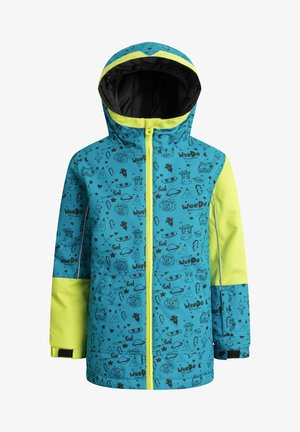 Helle blaue Jacke aus wasserabweisendem Material mit einem verspielten schwarzen Cartoon-Print. Verfügt über eine gelbe Kapuze, einen Reißverschluss und Bündchen.
