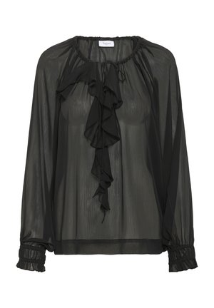 Czarna, przezroczysta bluzka z długimi rękawami, dekoracyjnym dekoltem i falbaną z przodu. Posiada elastyczne mankiety oraz lekką fakturę materiału.