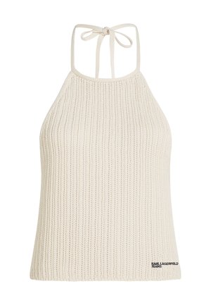 Cremefarbener, gestrickter Neckholder-Top mit gerippter Textur und dünnen, am Hals gebundenen Trägern, mit kleinem schwarzem "Karl Lagerfeld Jeans"-Logo.