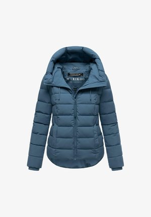 Gewatteerde blauwe jas met een capuchon, voorzien van een ritsluiting, ribgebreide manchetten en een quiltpatroon met contrasterende naaddetails.