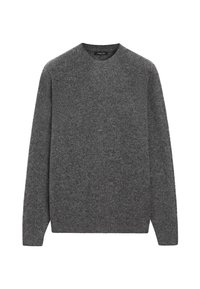 Maglione grigio scuro in lana con collo tondo, maniche lunghe e polsini e orlo a coste, mostrato su sfondo bianco.