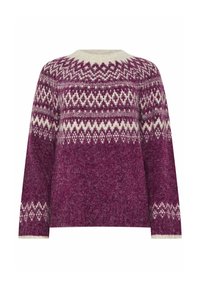 Gestrickter Pullover in tiefem Lila mit cremefarbenen geometrischen Mustern. Lässiger Schnitt, lange Ärmel und Rundhalsausschnitt. Strukturierter, wollohriger Stoff.