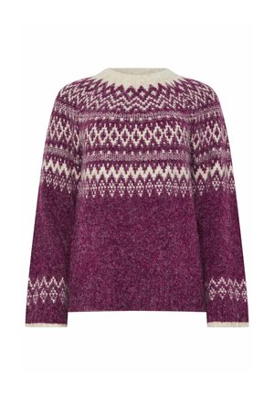 Gestrickter Pullover in tiefem Lila mit cremefarbenen geometrischen Mustern. Lässiger Schnitt, lange Ärmel und Rundhalsausschnitt. Strukturierter, wollohriger Stoff.