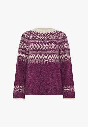 Knit sweater in deep purple with cream geometric patterns. Relaxed fit, long sleeves, and crew neckline. Textured wool-like material.