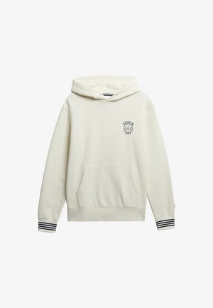 Crème-kleurige hoodie van katoen, met een voorzak, verstelbare capuchon en marineblauwe gestreepte accenten op de mouwen. Logo gedrukt op de borst.