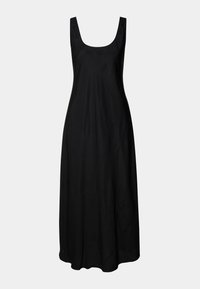 Vestido largo sin mangas de color negro con escote redondeado y una silueta en A, sobre un fondo claro y liso.