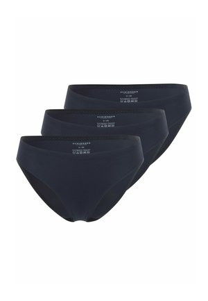 Tre slip neri senza cuciture da donna impilati, etichettati come taglia S/36, realizzati in tessuto composto dal 70% di poliammide e dal 30% di elastan.