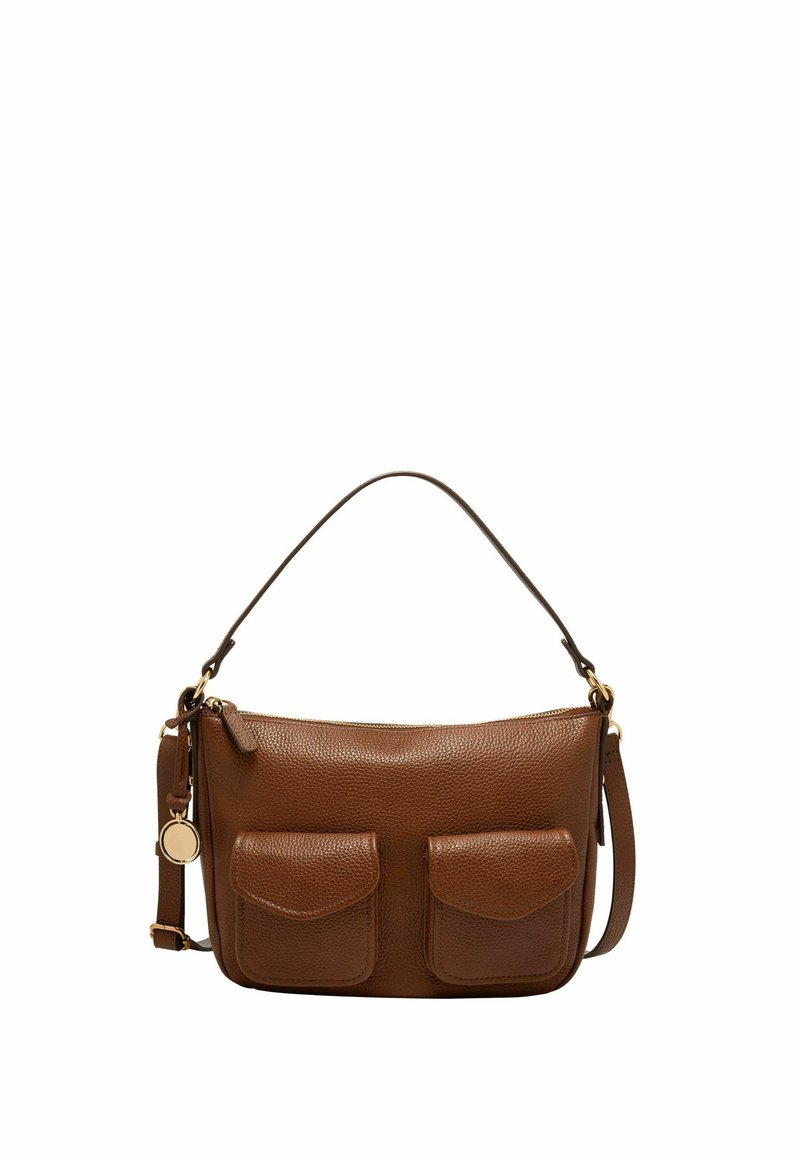 Braune Lederhandtasche mit strukturiertem Design, Reißverschluss und zwei Vordertaschen. Verfügt über einen gebogenen Griff und goldfarbene Hardware-Akzente.