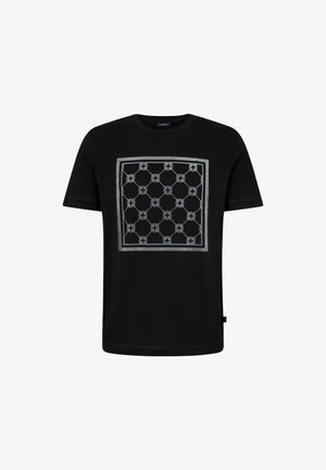 Czarny bawełniany t-shirt z kwadratowym wzorem graficznym w szarości z geometrycznym motywem połączonych kształtów z przodu.