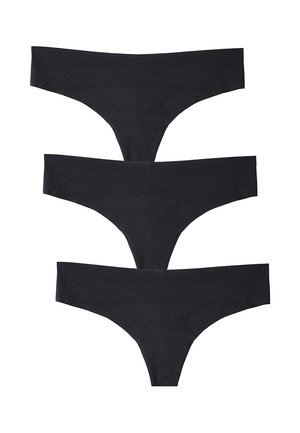 Tre paia di slip neri a stringa realizzati in un tessuto liscio e elasticizzato, caratterizzati da un design minimalista con linee pulite e senza parti metalliche visibili.