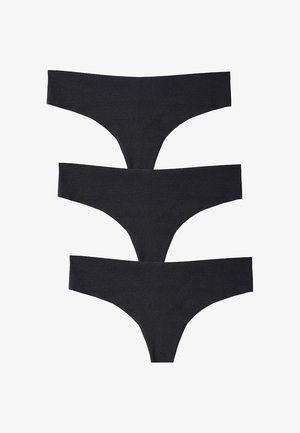 Tre paia di slip neri a stringa realizzati in un tessuto liscio e elasticizzato, caratterizzati da un design minimalista con linee pulite e senza parti metalliche visibili.