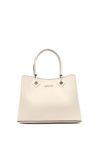 Cream-colored structured handbag with double handles, diamond-shaped metal accents, and "DERIMOD" logo on the front.